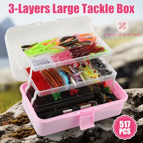 517 Pcs Large 3 Layers Tackle Box with Tackle Fishing Lures Kit Included Pliers, Fish Lip Gripper, Crankbait, Hooks, Other Accessories Fishing Kit for Men Gifts Summer Vacation(Pink White) - color: Pink White