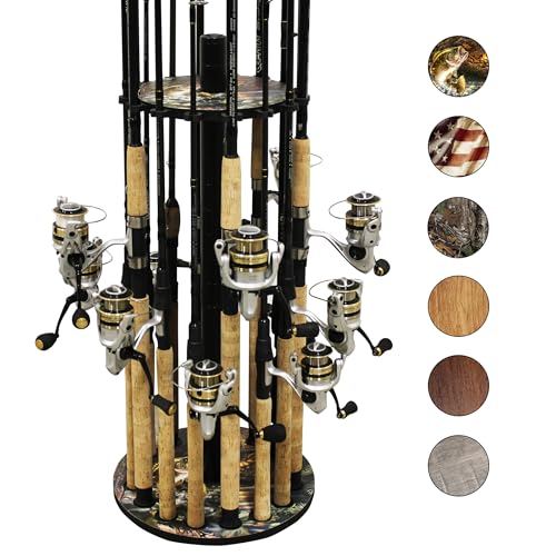 Rush Creek Creations 16-Rod Round Fishing Rod Holder for Garage, 360° Access Fishing Pole Holder for Rods, Reels, Gear, Accessories, and Tackle Box, Securely Holds 16 Rods, Bass - color: Bass