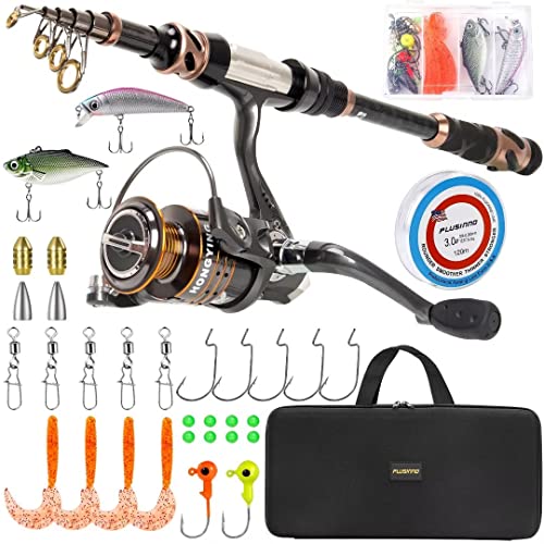 PLUSINNO Fishing Rod and Reel Combos - Carbon Fiber Telescopic Fishing Pole - Spinning Reel 12 +1 Shielded Bearings Stainless Steel BB - color: Full Kit with Carrier Case, size: 1.8M 5.91FT