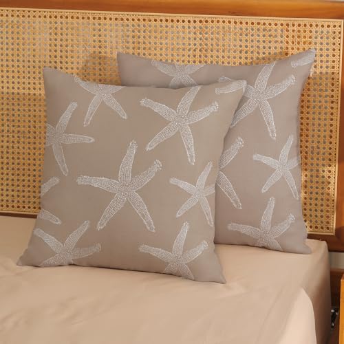 Brown Tan Starfish Pillow Covers 18x18 Inch Set of 2 Coastal Throw Pillows Summer Nautical Ocean Beach Theme Decorative Pillowcase Linen Outdoor Farmhouse Decor Cushion Case for Home Bedroom - color: Brown Starfish, size: 18" x 18" (Pack of 2)