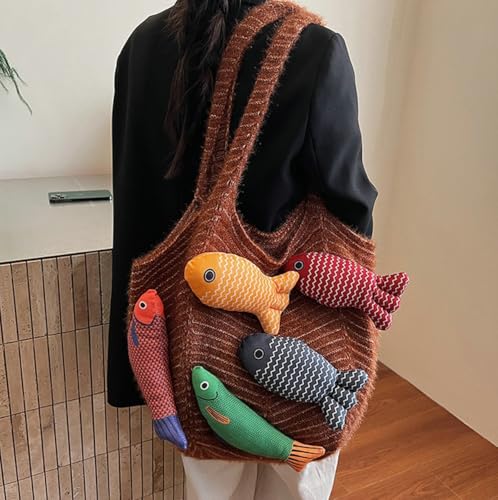 Knitted Beach Shoulder Bag for Women 3D Fish Bohemian Tote Versatile Purse Soft Hobo Handbag for Summer Vacation 2026 - color: E Brown