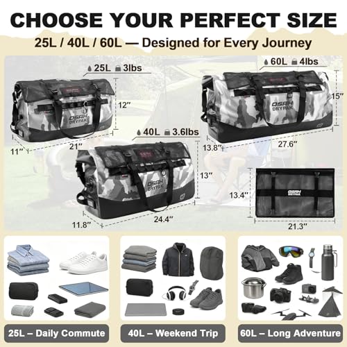 OSAH DRYPAK Waterproof Duffel Bag 25L/40L/60L – Heavy-Duty Motorcycle Tail Bag, Roll-Top Dry Bag for Travel, Camping, Boating, Kayaking, Outdoor Adventure - color: SKY GREY, size: 60L