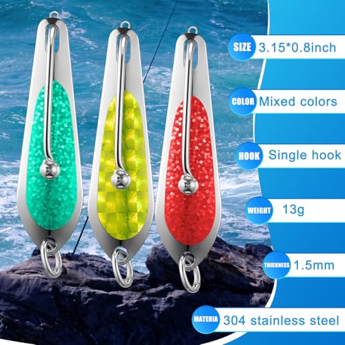 Soulchen 6 Pack Trolling Spoons, 3 Inch Saltwater Fishing Lures Stainless Steel Reflective Spoon Lure with Welded O-Ring, Offshore Inshore Trolling Bait for Tuna, Mahi Mahi, King Mackerel
