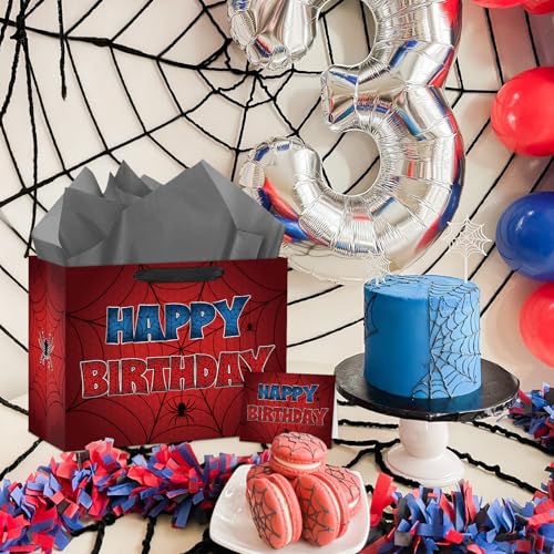 Hooqict Spider Gift Bag Happy Birthday Gift Wrapping Bag with Handles, Tissue Paper, Greeting Card for Kids Boys Teens Men Goodie Candy Treat Gift Box Spider Web Birthday Party Favors - color: Spider