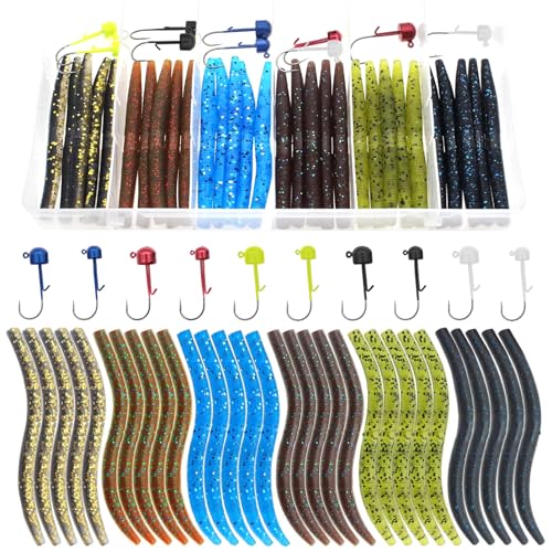 Ned Rig Kit for Bass Fishing – 25pcs/40pcs/60pcs/133pcs Finesse Soft Plastic Worms, Stick Baits, Swimbaits Lures with Shroom Ned Jig Heads, Complete Lure Set for Freshwater Fishing - color: 6 color-40pcs