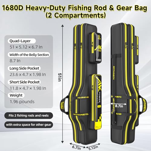 Fishing Rod Case & Bag Triple-Layer - 1680D Oxford, Wire-Reinforced Anti-Deforming, Foldable Portable, Quick-Access Compartments, Fishing Gift for Men Anglers - color: Black, size: 51.18inch, style: Double - Layer