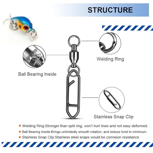 Atibin Snap Connector Fishing Swivels Stainless Bearing Ball Snap Swivels Steel Quick Change Fishing Clips Swivel Black Nickel - size: Size 5+L (132lb) 50 pcs