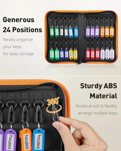 Uniclife Zippered Key Case Organizer Waterproof and Fireproof Orange Key Binder with 24 Hooks and Tags Portable Key Storage Book for Offices Real Estate Agencies Hotels and Rental Management (Orange) - color: Orange, size: 24 Keys
