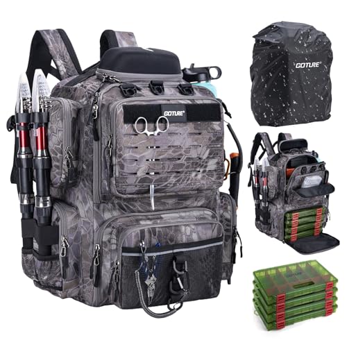 Goture Fishing Backpack with 4 Tackle Boxes,900D Water-Resistant Tackle Backpack with Rod Holders,Sunglasses Case,45L Large Storage Gear Bag with Rain Cover,Bottle Holder for Travel Camping Hiking - color: A2:camo 12#, size: Included 4 Tackle Boxes
