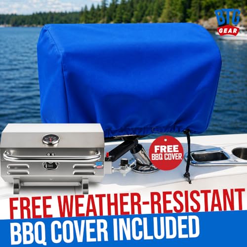 Tailwaves Marine Boat Grill w/Rod Holder Mount | Stainless Steel | Propane Boats & Tailgating & Camping | Built in Thermometer | Portable | Fold-away legs