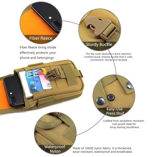 MOLLE EDC Waist Tool Pouch with Key Ring for Fishing,Camping,Hiking | Soft fleece lining protects,4 card slots,cash pocket, pen holder,Adjustable strap holds phone firmly - color: Brown