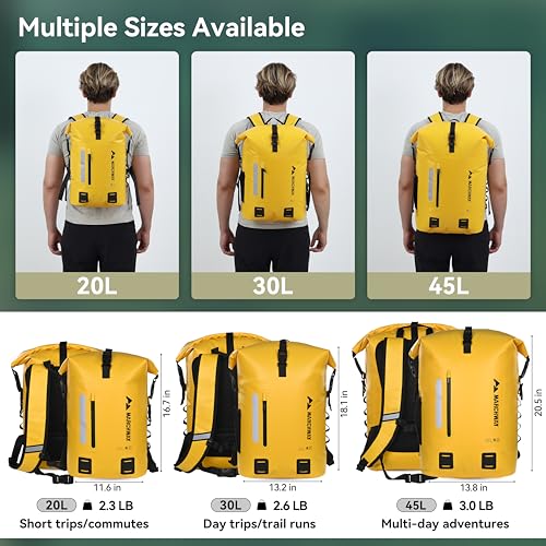 MARCHWAY Roll Top Waterproof Backpack, Floating Dry Bag 20L/30L/45L with Ergonomic Rectangular Base, Cushioned Back, Hip Strap for Hiking Camping Kayaking Travel (Yellow, 20L) - color: Yellow, size: 20L