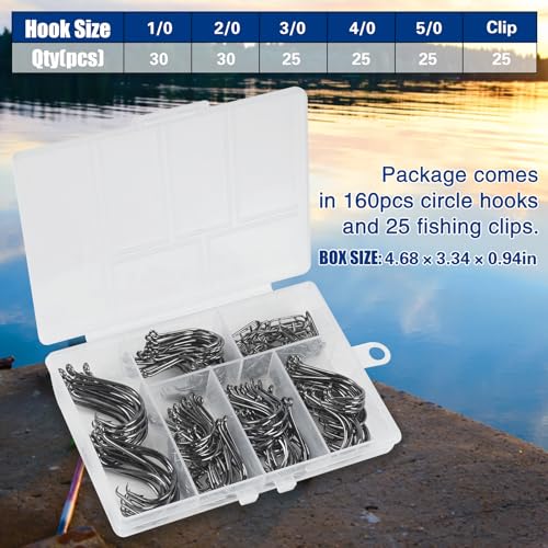 Circle Hooks Freshwater Saltwater Fishing Hooks 2X Strong High Carbon Steel Offset Catfish Fishing Hooks, Variety of Different Sizes - color: 160pcs hooks clips kit
