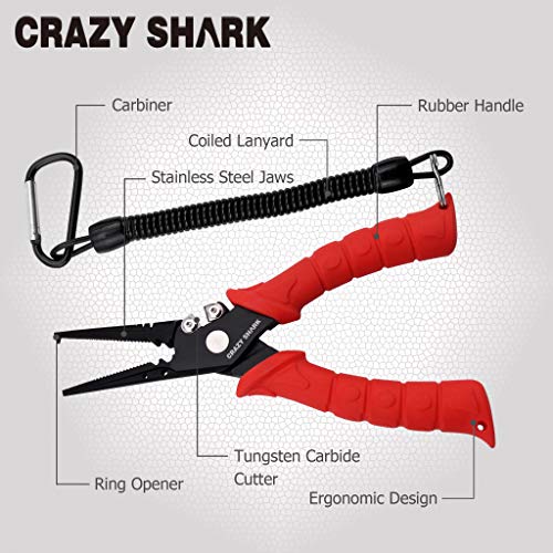Fishing Pliers, Stainless Steel Fishing Tools, Saltwater Resistant Fishing Gear, Tungsten Carbide Cutters, Split Ring Pliers, Hook Remover with Coiled Lanyard and Sheath - color: Red - 7" Split Ring Nose