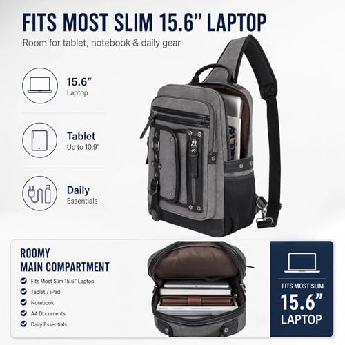 Cross Body Bag for Men: Large Canvas Sling Backpack Messenger Bag Fits 15.6 Inch Laptop for Work Commute - color: Grey, size: Large