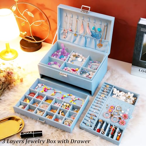 QBestry 3-Layer Jewelry Box for Girls & Teens with Lock and Key, Large Jewelry Organizer with 8 Necklace Hooks & 56 Earring Holes, Blue Velvet Jewelry Storage Box for Necklaces Earrings Rings Bracelet - color: Light Blue
