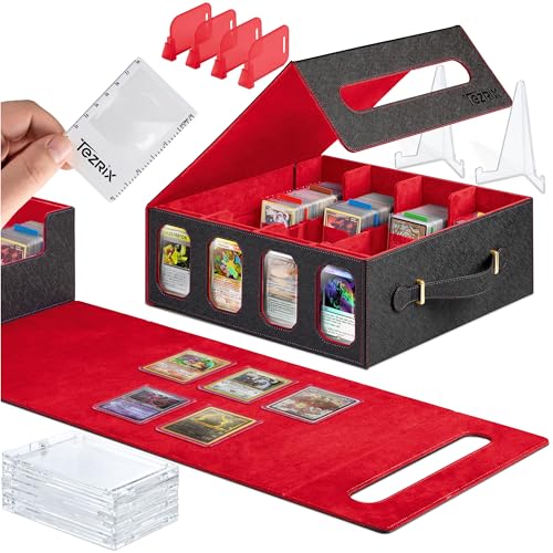 4-Row Mtg Trading Card Storage Box With Display Windows - Magnifier Ruler, 2 Display Stands, 6 Cardholders - 3000+ Card Case With Magnetic Closure, Sports TCG Card Organizer - Red Card Boxes - color: Black, Red (4 Row)