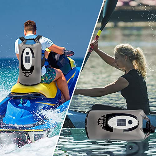 Qoolife Dry Bag Waterproof with Solar Bluetooth Speaker & Light - 10L/20L Roll Top Dry Sack Keeps Gear Dry for Men Women Kayaking, Beach, Rafting, Boating, Hiking, Camping and Fishing - color: Grey with BT Speaker, size: 20L