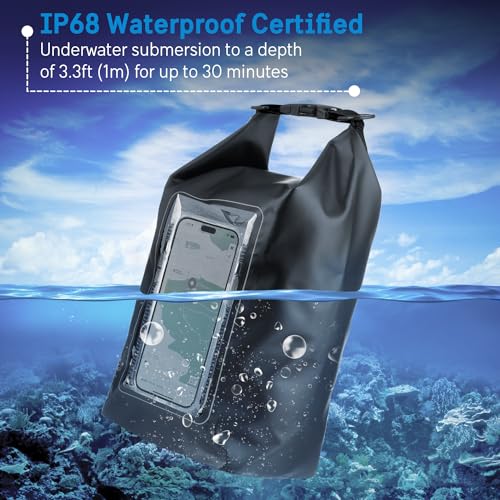 Pelican Marine IP68 Waterproof Dry Bag 5L with Phone Pouch/Case - Black | Roll Top Waterproof Backpack with Touchscreen Phone Pouch - Swimming, Kayaking, Camping, Rafting, Fishing & Travel Essentials - color: Stealth Black, size: 5L