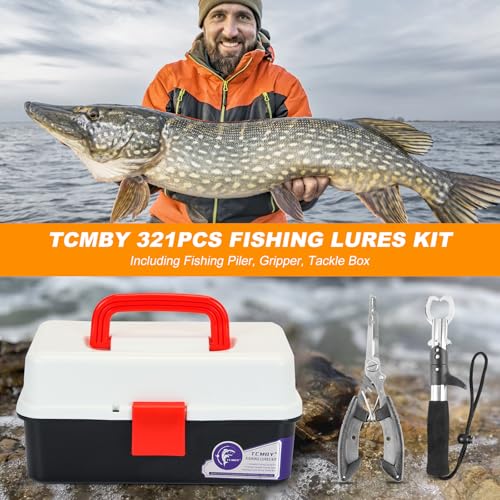 TCMBY 3 Layers Tackle Box with Tackle Included, 321Pcs Fishing Lures Kit Contains Pliers, Crankbait, Hooks, Weights & Accessories, Fishing Gear Bait Lure Gifts for Men Bass Freshwater (White Black) - color: White Black