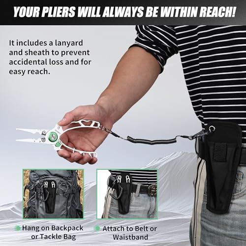 Fishing Pliers with Innovative Ergonomical Handle, Corrosion Saltwater Resistant,Fishing Multitool Hook Remover Braided Fishing Line Cutting, Split Ring with Coiled Lanyard and Sheath - color: White-6.6"