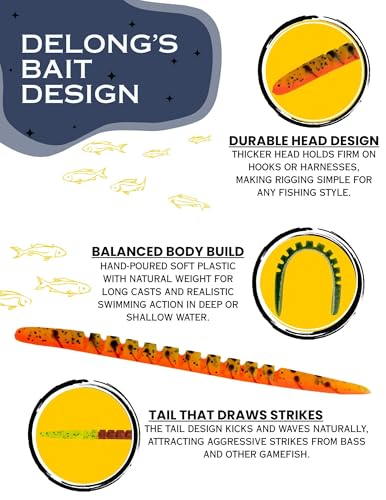 DeLong Lures – Made in USA 6" Bass Fishing Worms, Pre-Rigged Weedless & Unrigged Soft Plastic Baits, Anise-Scented Durable Lures for Freshwater & Saltwater - color: Unrigged Variety 10-Pack