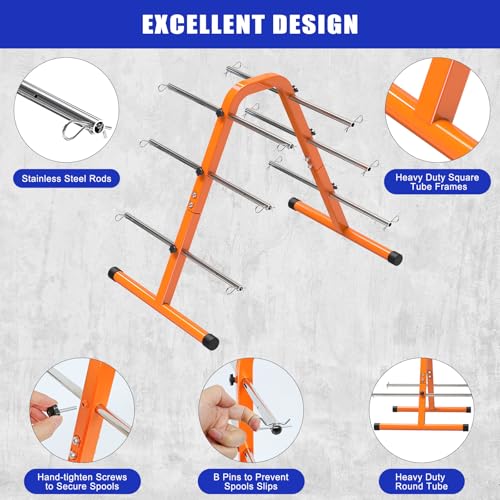 Kipika Portable Wire Spool Rack - Heavy-Duty Steel Cable Dispenser with 6 Adjustable Rods, Spool Rack Holder for Efficient Storage & Dispensing, 8" Max Capacity, - color: A - Orange Wire Spool Rack (6 Rods)