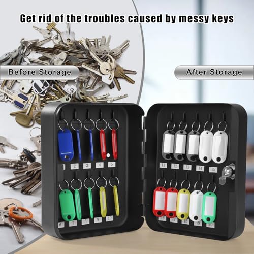 KYODOLED Key Box Wall Mount, Key Lock, 20 Hooks, Black | 20 Key Rings & Tags, Durable Steel, Key Storage for Home, Office & Property Managers, Indoor Use, 3.14"D x 6.3"W x 7.87"H - color: Black With Key Lock