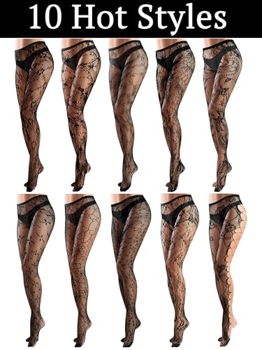 Ramede 10 Pairs Lace Fishnet Goth Patterned Fish Nets Tights High Waist Mesh Pantyhose Thigh High Stockings for Women - size: Medium
