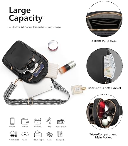 Anti Theft Crossbody Bags for Women RFID Leather Sling Purses,Crossbody Bags Travel Leather Fanny Pack for Women - color: Pure Black