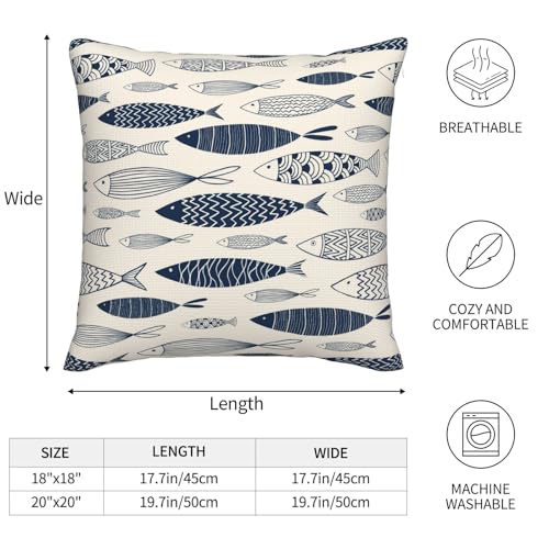 Ornamental Fish Throw Pillow Covers Watercolor Blue Fish Square Pillow Cases 18x18 Inch Set of 2 Cute Sea Sketch Outdoor Decorative Pillowcase Cushion Cover for Couch Sofa - color: Blue Beige, size: 18" x 18" (Pack of 2)