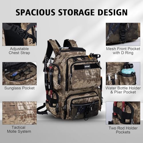 Goture Fishing Backpack,900D Water-Resistant Tackle Backpack with Rod Holders, SBS Zippers,45L Large Fishing Bag Storage Gear Tackle Bag with Rain Cover, Bottle Holder for Travel Camping Hiking - color: A1:18# Camo(Only Bag), size: Without Tackle Boxes