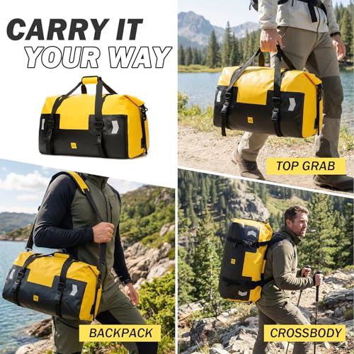 Large Waterproof Duffel Bag 66L - Heavy Duty Dry Bag for Motorcycle Touring, Sailing, Camping - 100% Watertight Travel Duffle Bag Backpack with Air Valve & Reflector - color: yellow, size: 66L