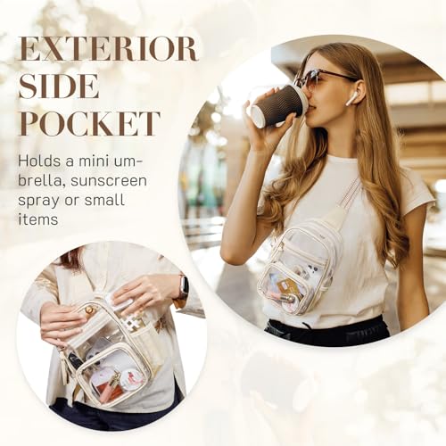 Missnine Clear Bag for Stadium Events Clear Sling Bag Fanny Pack Crossbody Purse for Sport Concert with Side Mesh Pocket - color: D-khaki[side Pocket]