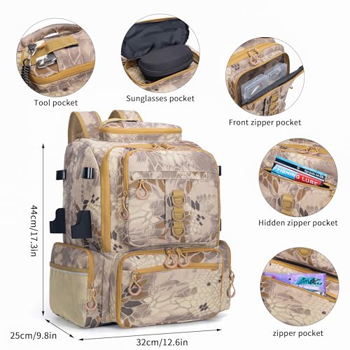 Rabjen Fishing Tackle Backpack, 45L Storage Waterproof Travel Bag Store Fishing Gear with Insulated Top Pocket - color: Camouflage Khaki, style: Standard Size 4 Tackle Boxes Not Included 900d Nylon