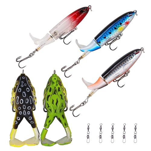 Topwater Bass Fishing Lure Kit, Plopping Propeller Tail Bigger Splash Whopping, Soft Plastic Frog Bait 3D Eyes Lifelike Body Pattern, for Bass Snakehead Musky Pike Walleye, 5 pcs… - color: A Group