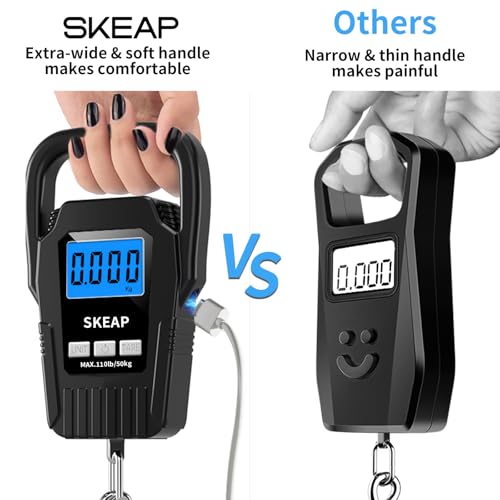 SKEAP Digital Fish Scale - 110lb/50kg Backlit LCD Fishing Gear with Portable Handle, Includes 2 AAA Batteries & Stainless Steel Hook, with USB Charging- Fishing Gifts for Men - color: Black-USB