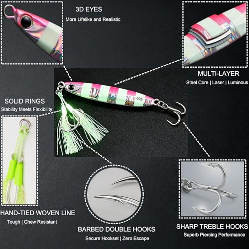 Saltwater Fishing Lures Metal Jigs Vertical Jigging Lure with Treble & Double Assist Hooks, 35-100g 6 pack Laser Glow Spoon Speed Sinking Slow Pitching Jig Offshore Targeting Tuna Mahi-Mahi Yellowtail - size: 45g/1.59oz