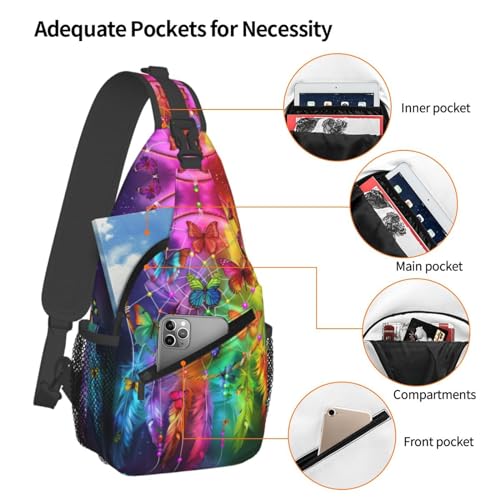 Dream Catcher With Colorful Butterfly Sling Backpack Chest Bag Crossbody Shoulder Bag Gym Cycling Travel Hiking Daypack For Men Women - color: Dream Catcher With Colorful Butterfly