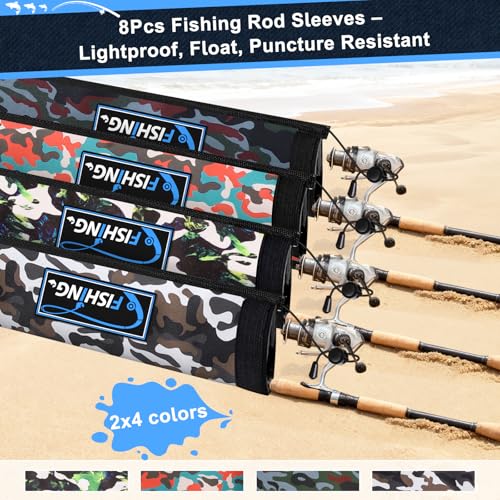 Neoprene Fishing Rod Sleeves for Casting, Spinning, Trolling Pole - Protective Cover Rod Sock with Hanging Loop & Lanyard- Floating, Puncture Resistant, Lightproof - size: 65", style: 8 Pcs