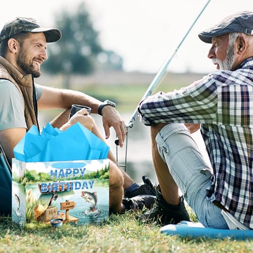 Hooqict Large Fishing Birthday Gift Bag Go Fishing Gift Wrap Bag with Handles, Tissue Paper, Greeting Cards for Boys Men Fisherman Fish Retirement Birthday Party Decorations Fathers Day Bags - color: Fishing