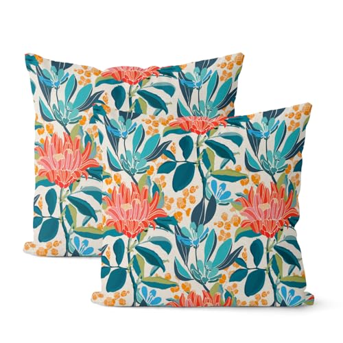 Boho Outdoor Pillow Covers 16x16 Inch 2 Pcs Aqua Teal Coral Colorful Leaf Floral Decor Throw Pillows Vintage Flower Botanical Seasonal Decoration Pillowcase Linen Cushion Cover for Couch Sofa - color: Boho Teal Floral, size: 16" x 16" (Pack of 2)