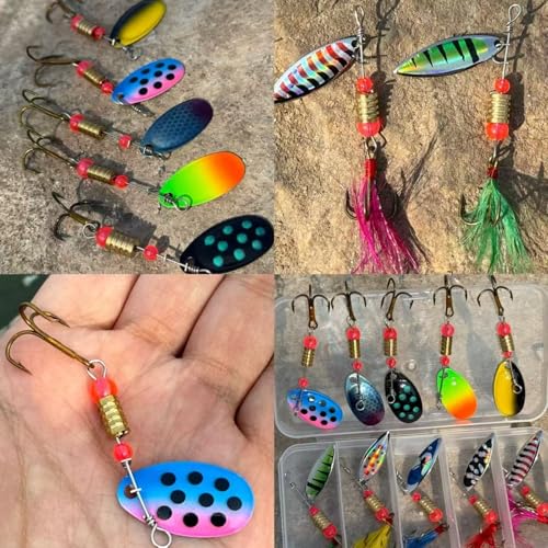 10 Pcs Inline Spinner Fishing Lures Kit, Hard Metal Spinnerbaits with Box | Realistic Rooster Tail Style Baits Freshwater Gear Set for Trout Bass Salmon Walleye Crappie Fishing Tackle Accessories
