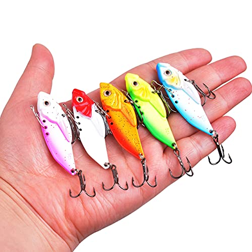 5Pcs Fishing Spoon Lures Metal VIB Hard Spinner Blade Baits with Treble Hooks 3D Eyes Fishing Spoons for Bass Walleyes Trout