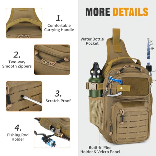 HUNTVP Fishing Sling Bag Lightweight Tackle Bag Small Fishing Backpack Tactical Shoulder Sling Bags with Rod Holder, Storage Gear and Equipment, Gifts for Men (Brown) - color: Brown