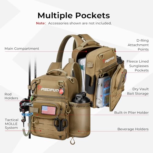 Piscifun Fishing Tackle Backpack, Convertible Sling or Waist Pack, 16-Pocket Storage Gear Bag with 2 Rod Holders & Rain Cover - color: Khaki