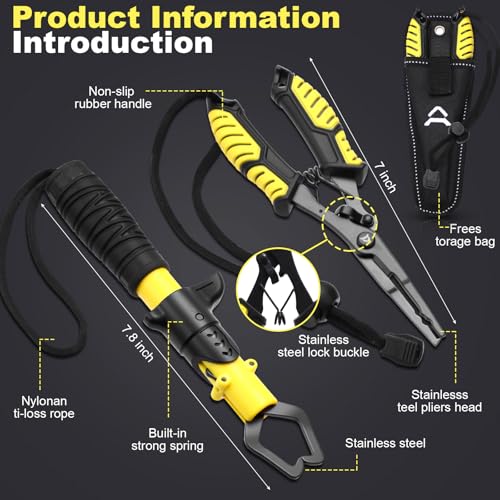 RoundFunny Fish Lip Gripper Pliers, Combo Fishing Tool Kit Stainless Steel Multifunction Hook Remover, Split Ring Pliers with Lanyards Sheath for Fly, Easter Fishing Basket Gift Gear Men Women - color: Yellow