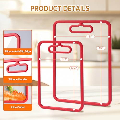 2Pcs Red Glass Cutting Board for Kitchen, Tempered Glass Chopping Board with Non-Slip Edges, Dishwasher Safe Clear Cutting Board Set, Heat & Shatter Resistant, 15"×11" & 13"×9"