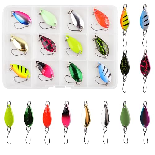 Trout Spoons Fishing Spoons Lures Kit,12pcs Trout Lures Single Hook Hard Metal Baits Mini Fishing Jigs Casting Trolling Spoon Lure for Crappie Char Perch Sunfish Trout - color: Type C