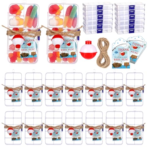 Wonderjune 24 Sets Fishing Party Favors Candy Little Tackle Boxes with Red White Floater Thank You Cards for Making My Reel Fun Fishing Theme Party Decorations
